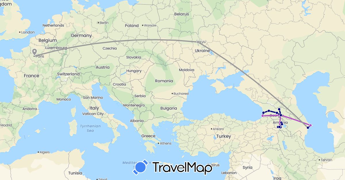 TravelMap itinerary: driving, plane, train in Armenia, Azerbaijan, France, Georgia, Ukraine (Asia, Europe)